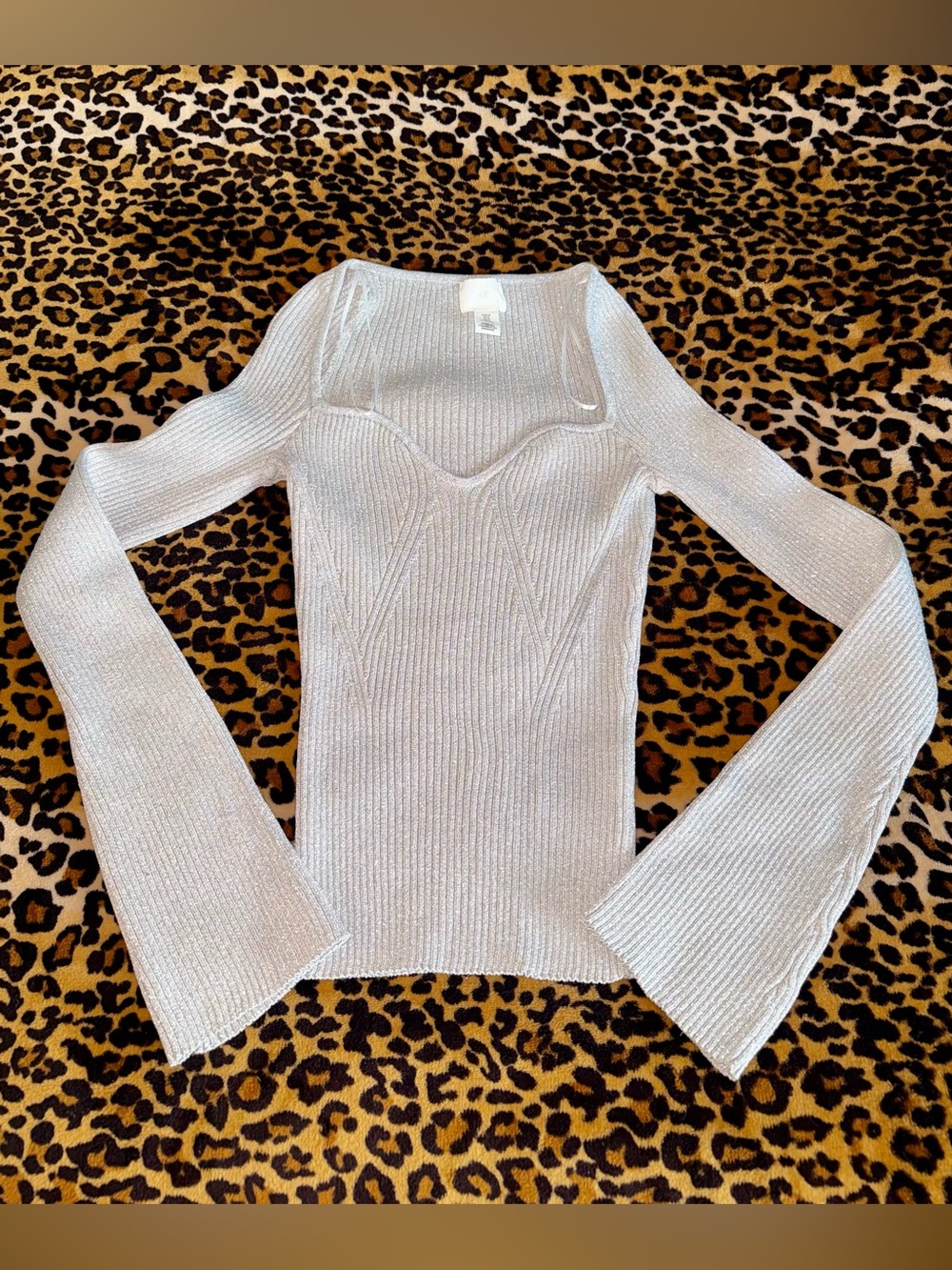 H&M Silver Ribbed Long-Sleeve Sweater Top
